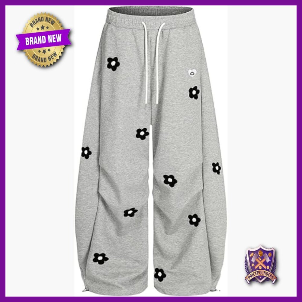 Wide Leg Sweatpants with Floral Embroidery, Elastic Waist, Y2K Style - Picture 1 of 7